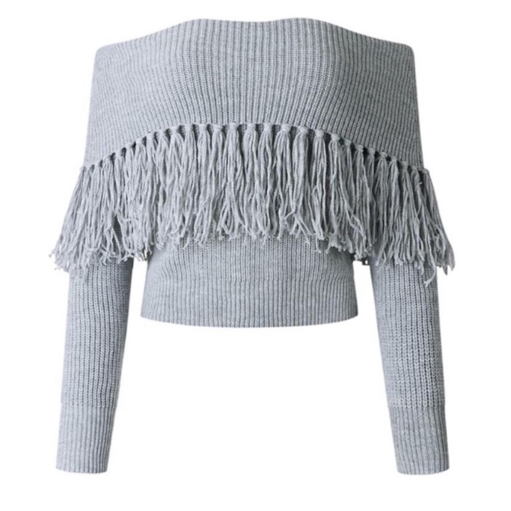 Gray Fringe Off The Shoulder Knit Sweater - Picture 2 of 3